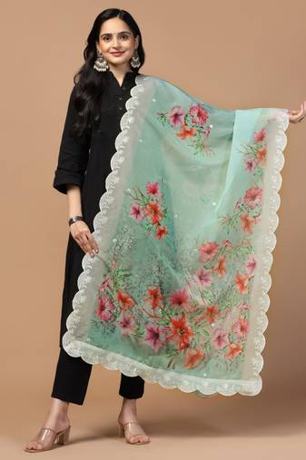 Digital Floral Motif Print Orgenza Silk Embroadery Sequnce Work Traditional Dupatta Wear on Kurti For Women and Girls
