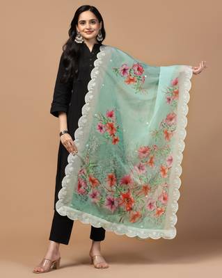 Digital Floral Motif Print Orgenza Silk Embroadery Sequnce Work Traditional Dupatta Wear on Kurti For Women and Girls 1