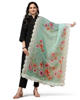 Digital Floral Motif Print Orgenza Silk Embroadery Sequnce Work Traditional Dupatta Wear on Kurti For Women and Girls 2