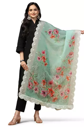 Digital Floral Motif Print Orgenza Silk Embroadery Sequnce Work Traditional Dupatta Wear on Kurti For Women and Girls
