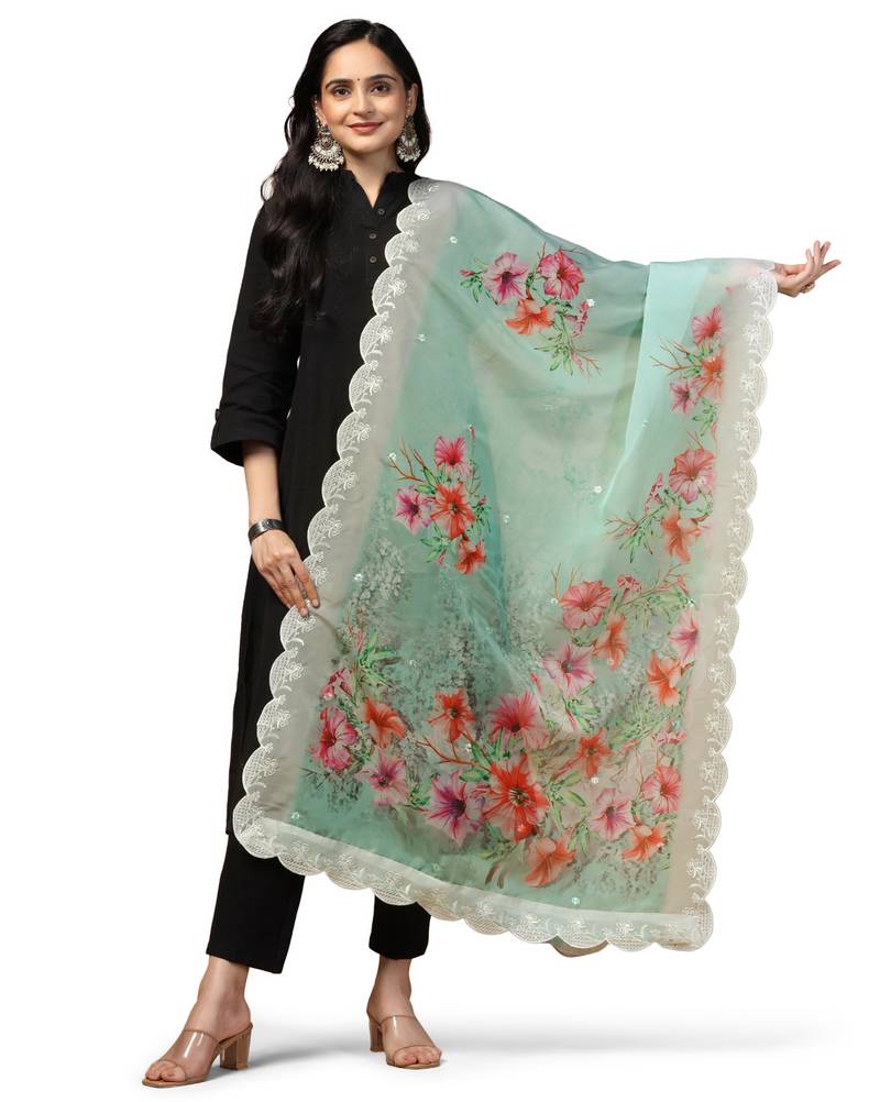 Digital Floral Motif Print Orgenza Silk Embroadery Sequnce Work Traditional Dupatta Wear on Kurti For Women and Girls