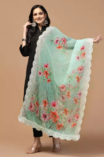 Digital Floral Motif Print Orgenza Silk Embroadery Sequnce Work Traditional Dupatta Wear on Kurti For Women and Girls
