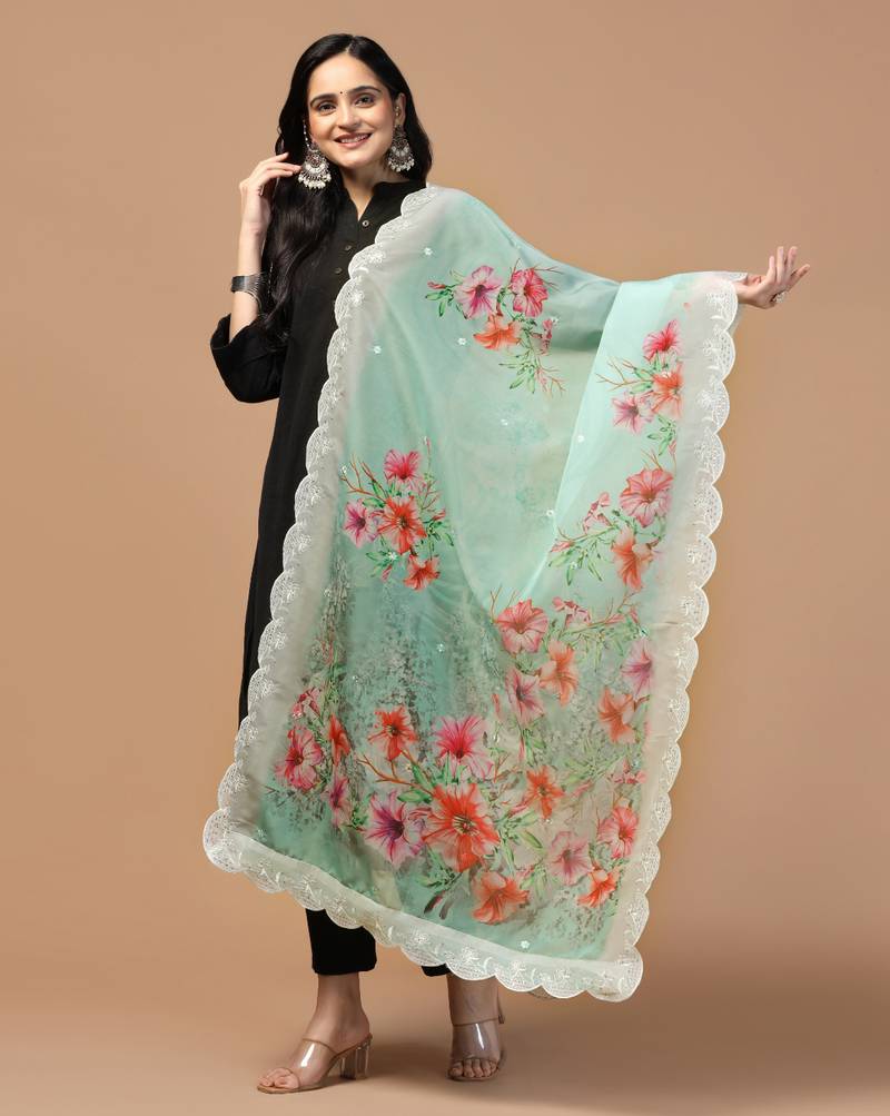 Digital Floral Motif Print Orgenza Silk Embroadery Sequnce Work Traditional Dupatta Wear on Kurti For Women and Girls