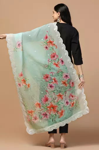 Digital Floral Motif Print Orgenza Silk Embroadery Sequnce Work Traditional Dupatta Wear on Kurti For Women and Girls