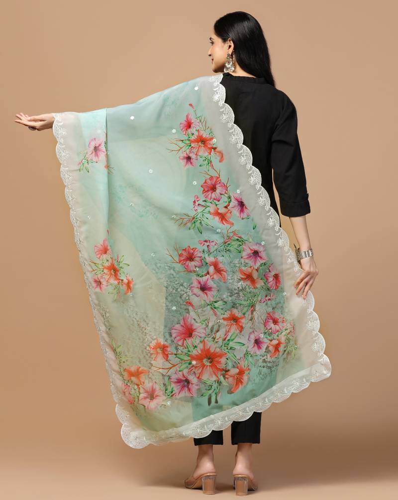 Digital Floral Motif Print Orgenza Silk Embroadery Sequnce Work Traditional Dupatta Wear on Kurti For Women and Girls