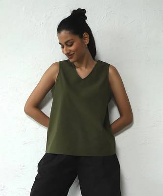 Olive green poplin forest sleeveless top 4