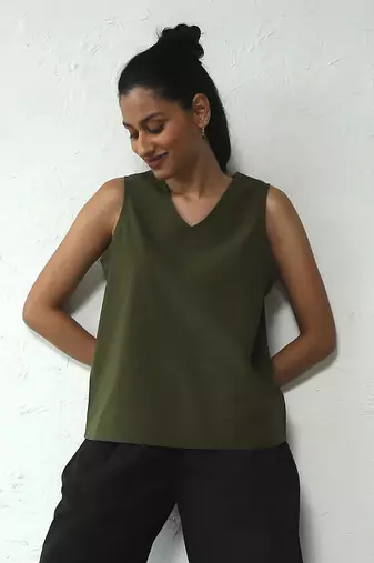 Olive green poplin forest sleeveless top