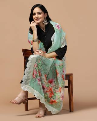 Digital Floral Motif Print Orgenza Silk Embroadery Sequnce Work Traditional Dupatta Wear on Kurti For Women and Girls 5