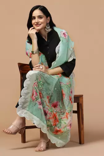Digital Floral Motif Print Orgenza Silk Embroadery Sequnce Work Traditional Dupatta Wear on Kurti For Women and Girls