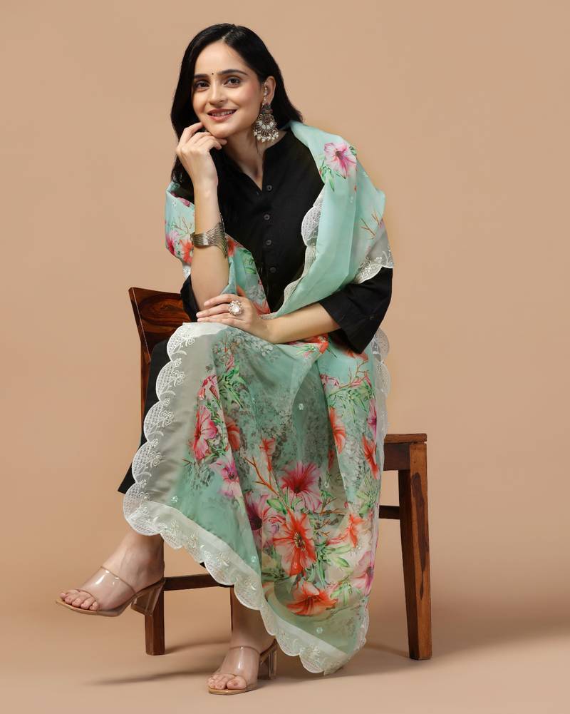 Digital Floral Motif Print Orgenza Silk Embroadery Sequnce Work Traditional Dupatta Wear on Kurti For Women and Girls