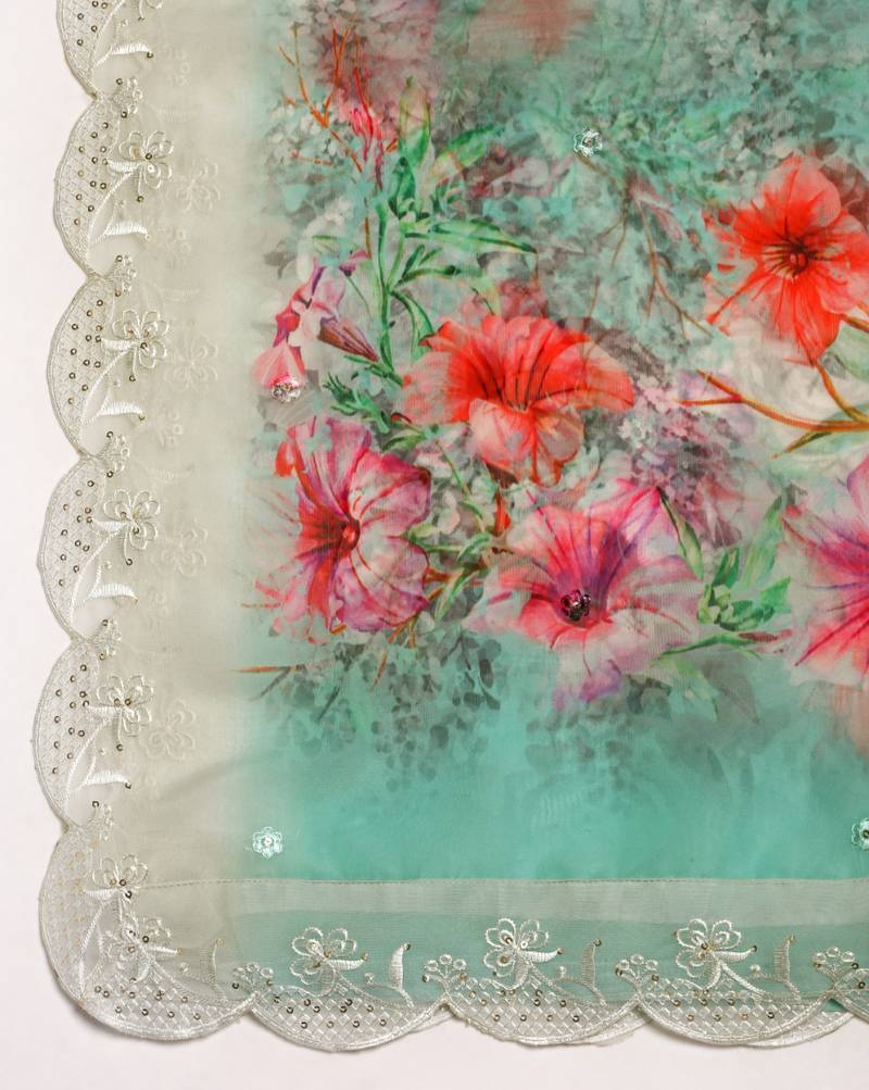 Digital Floral Motif Print Orgenza Silk Embroadery Sequnce Work Traditional Dupatta Wear on Kurti For Women and Girls