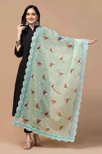 Digital Floral Motif Print Orgenza Silk Embroadery Sequnce Work Traditional Dupatta Wear on Kurti For Women and Girls