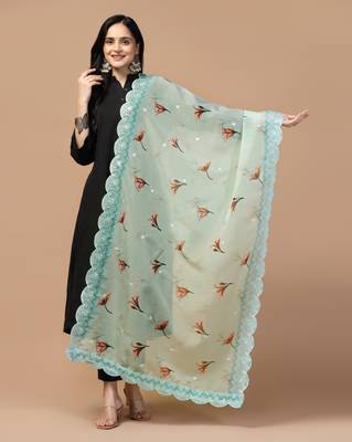 Digital Floral Motif Print Orgenza Silk Embroadery Sequnce Work Traditional Dupatta Wear on Kurti For Women and Girls 1
