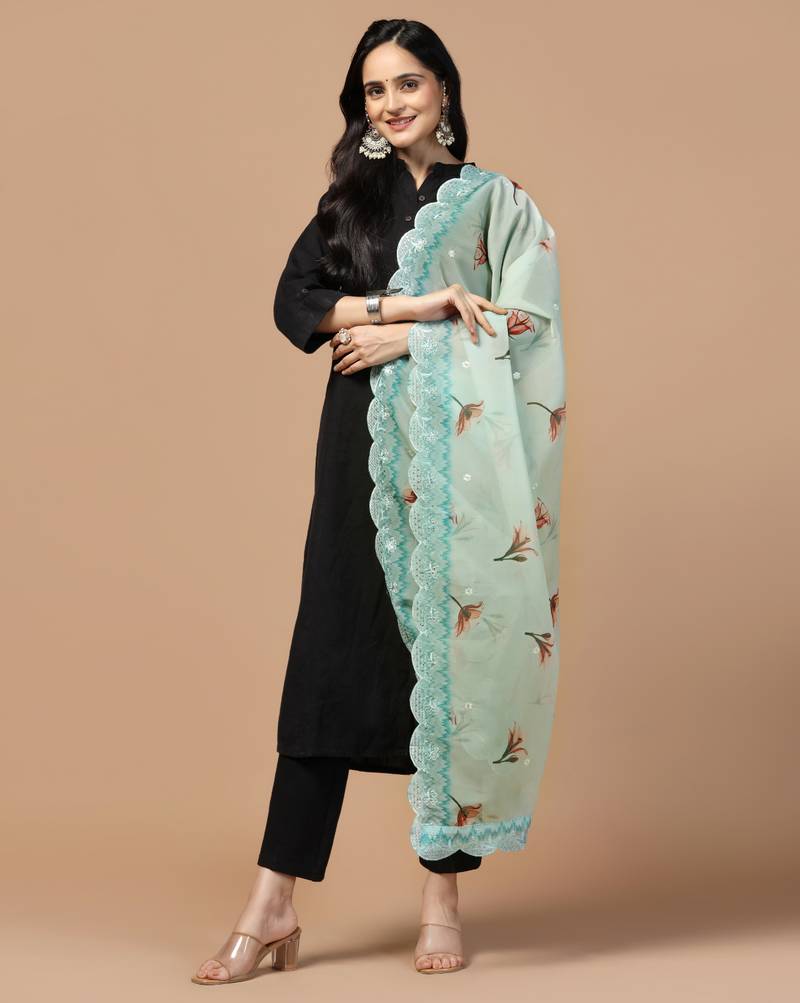 Digital Floral Motif Print Orgenza Silk Embroadery Sequnce Work Traditional Dupatta Wear on Kurti For Women and Girls