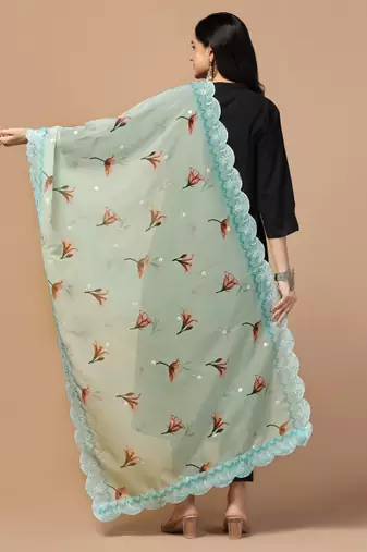 Digital Floral Motif Print Orgenza Silk Embroadery Sequnce Work Traditional Dupatta Wear on Kurti For Women and Girls