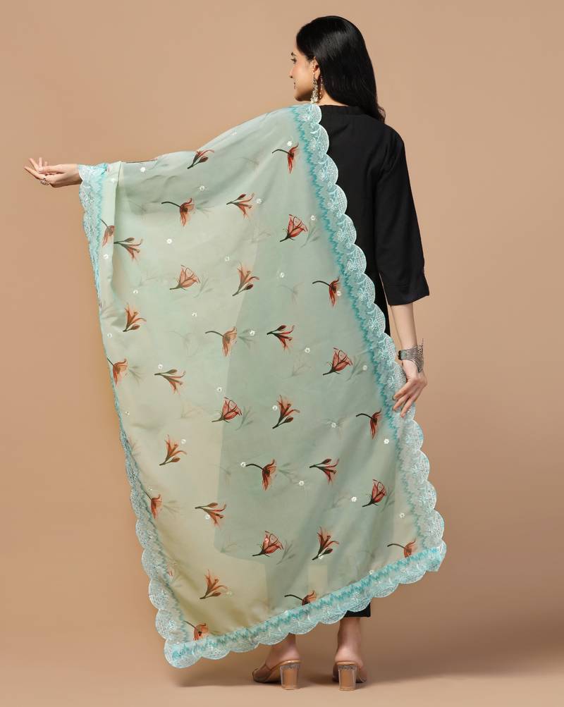 Digital Floral Motif Print Orgenza Silk Embroadery Sequnce Work Traditional Dupatta Wear on Kurti For Women and Girls
