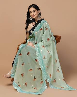Digital Floral Motif Print Orgenza Silk Embroadery Sequnce Work Traditional Dupatta Wear on Kurti For Women and Girls 5