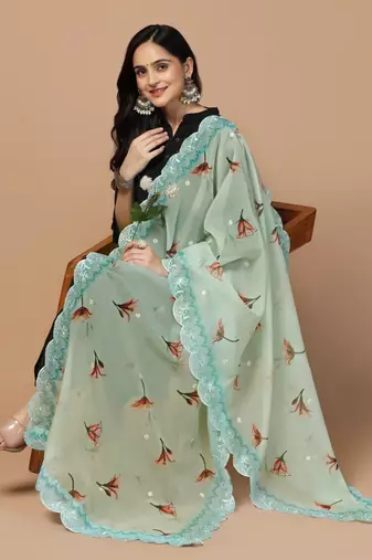 Digital Floral Motif Print Orgenza Silk Embroadery Sequnce Work Traditional Dupatta Wear on Kurti For Women and Girls