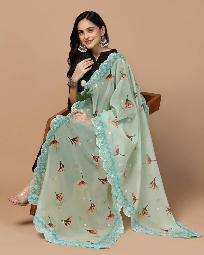 Digital Floral Motif Print Orgenza Silk Embroadery Sequnce Work Traditional Dupatta Wear on Kurti For Women and Girls