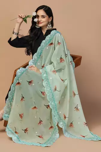 Digital Floral Motif Print Orgenza Silk Embroadery Sequnce Work Traditional Dupatta Wear on Kurti For Women and Girls