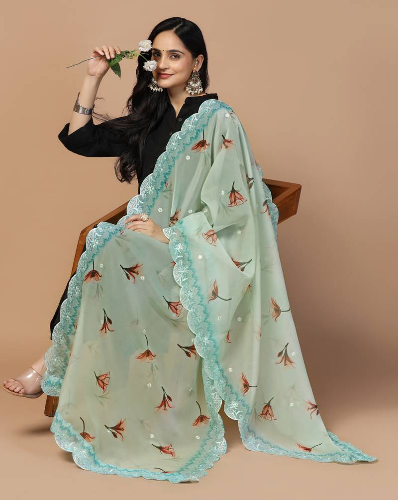 Digital Floral Motif Print Orgenza Silk Embroadery Sequnce Work Traditional Dupatta Wear on Kurti For Women and Girls