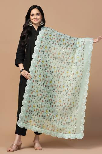 Digital Floral Motif Print Orgenza Silk Embroadery Sequnce Work Traditional Dupatta Wear on Kurti For Women and Girls