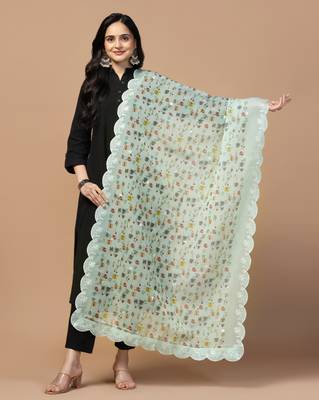 Digital Floral Motif Print Orgenza Silk Embroadery Sequnce Work Traditional Dupatta Wear on Kurti For Women and Girls 1