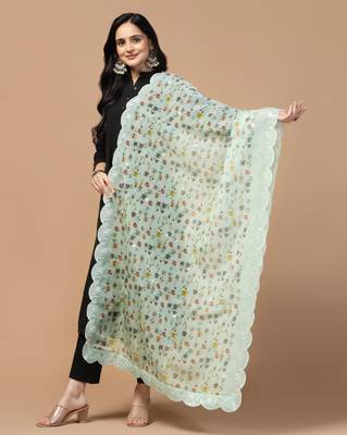Digital Floral Motif Print Orgenza Silk Embroadery Sequnce Work Traditional Dupatta Wear on Kurti For Women and Girls 2