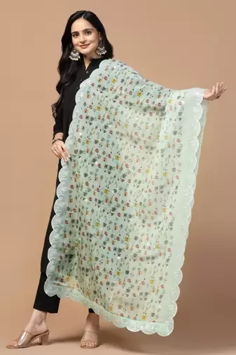 Digital Floral Motif Print Orgenza Silk Embroadery Sequnce Work Traditional Dupatta Wear on Kurti For Women and Girls