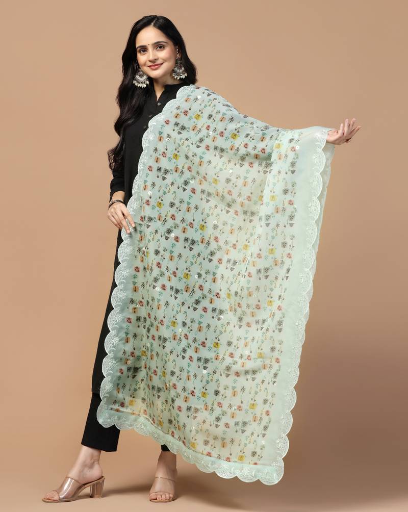 Digital Floral Motif Print Orgenza Silk Embroadery Sequnce Work Traditional Dupatta Wear on Kurti For Women and Girls