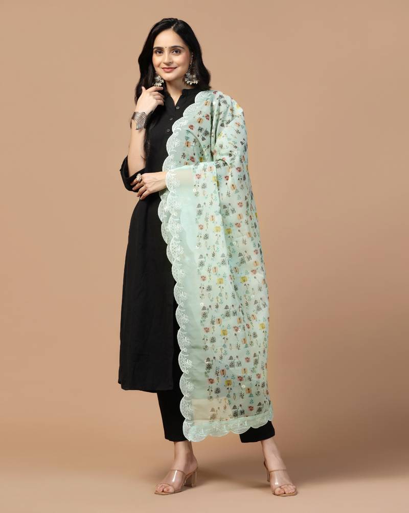 Digital Floral Motif Print Orgenza Silk Embroadery Sequnce Work Traditional Dupatta Wear on Kurti For Women and Girls