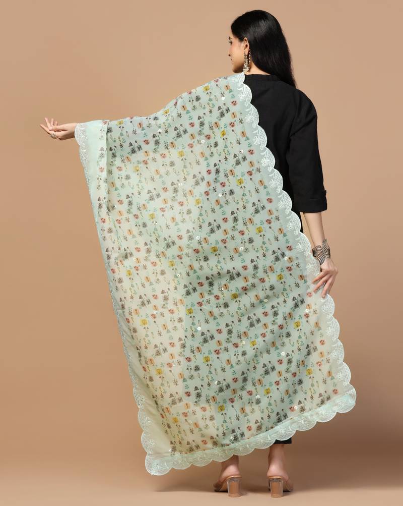 Digital Floral Motif Print Orgenza Silk Embroadery Sequnce Work Traditional Dupatta Wear on Kurti For Women and Girls