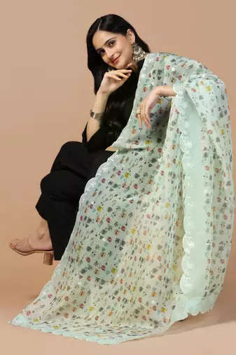 Digital Floral Motif Print Orgenza Silk Embroadery Sequnce Work Traditional Dupatta Wear on Kurti For Women and Girls