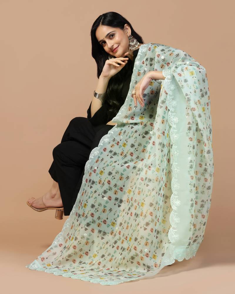 Digital Floral Motif Print Orgenza Silk Embroadery Sequnce Work Traditional Dupatta Wear on Kurti For Women and Girls