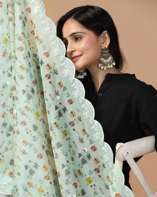 Digital Floral Motif Print Orgenza Silk Embroadery Sequnce Work Traditional Dupatta Wear on Kurti For Women and Girls 6