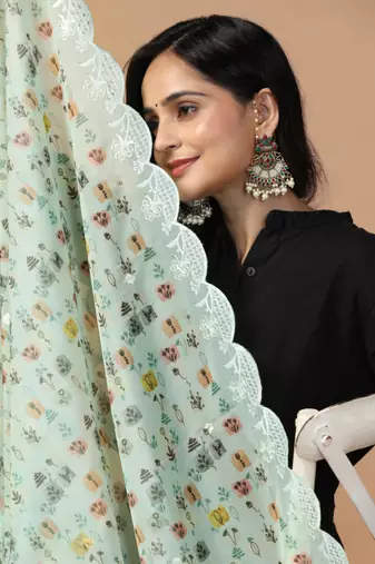 Digital Floral Motif Print Orgenza Silk Embroadery Sequnce Work Traditional Dupatta Wear on Kurti For Women and Girls