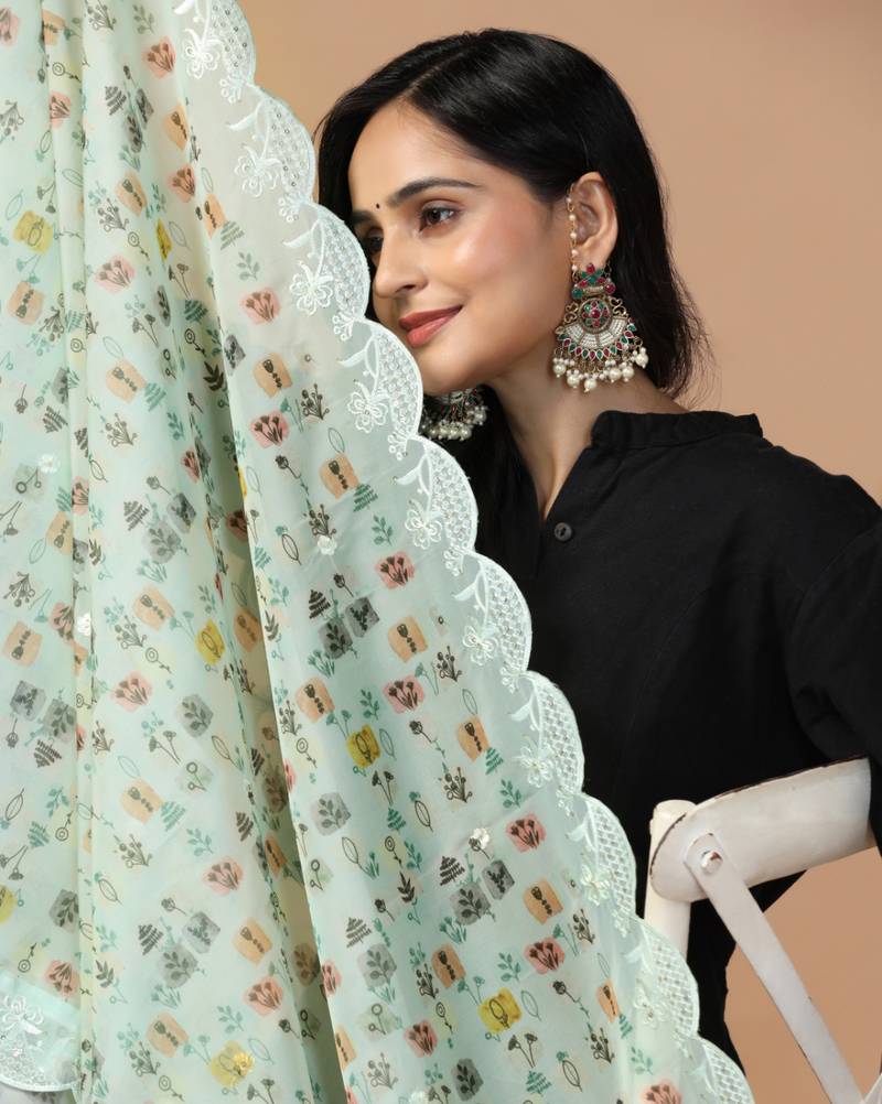 Digital Floral Motif Print Orgenza Silk Embroadery Sequnce Work Traditional Dupatta Wear on Kurti For Women and Girls