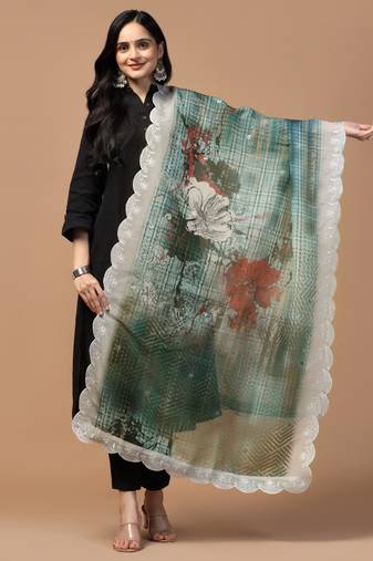 Digital Floral Motif Print Orgenza Silk Embroadery Sequnce Work Traditional Dupatta Wear on Kurti For Women and Girls