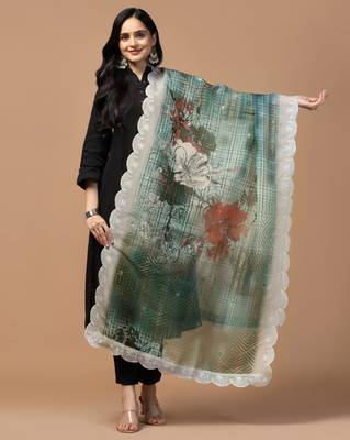 Digital Floral Motif Print Orgenza Silk Embroadery Sequnce Work Traditional Dupatta Wear on Kurti For Women and Girls 1