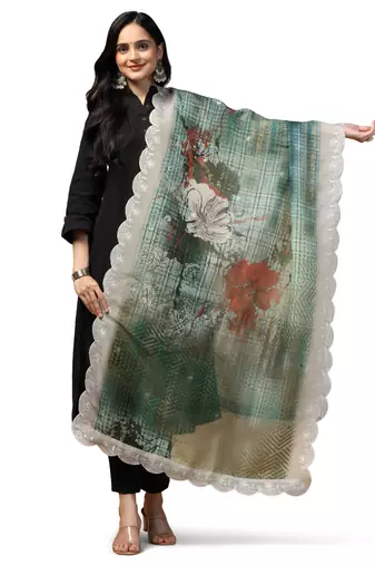 Digital Floral Motif Print Orgenza Silk Embroadery Sequnce Work Traditional Dupatta Wear on Kurti For Women and Girls