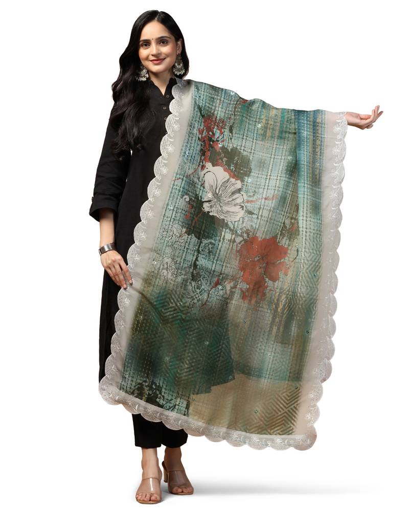 Digital Floral Motif Print Orgenza Silk Embroadery Sequnce Work Traditional Dupatta Wear on Kurti For Women and Girls