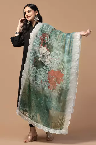 Digital Floral Motif Print Orgenza Silk Embroadery Sequnce Work Traditional Dupatta Wear on Kurti For Women and Girls