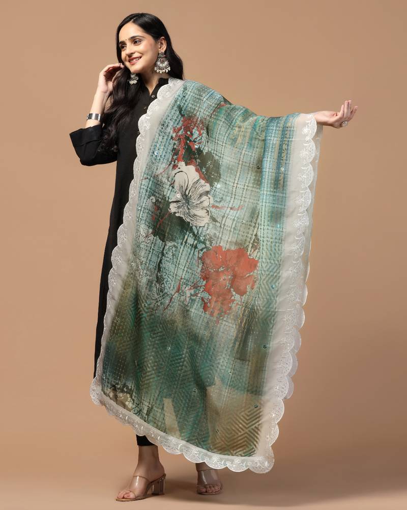 Digital Floral Motif Print Orgenza Silk Embroadery Sequnce Work Traditional Dupatta Wear on Kurti For Women and Girls