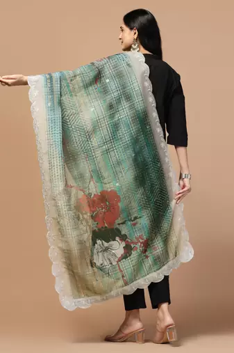Digital Floral Motif Print Orgenza Silk Embroadery Sequnce Work Traditional Dupatta Wear on Kurti For Women and Girls