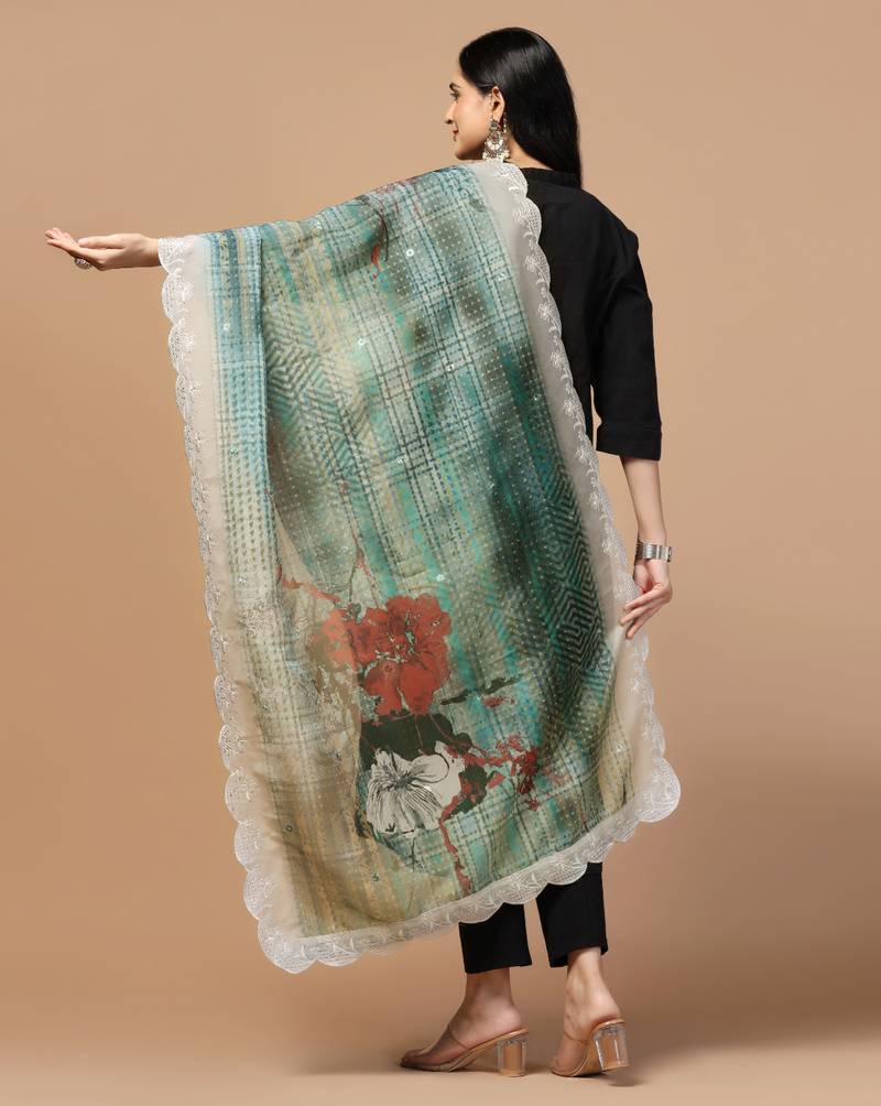 Digital Floral Motif Print Orgenza Silk Embroadery Sequnce Work Traditional Dupatta Wear on Kurti For Women and Girls