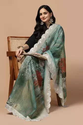 Digital Floral Motif Print Orgenza Silk Embroadery Sequnce Work Traditional Dupatta Wear on Kurti For Women and Girls