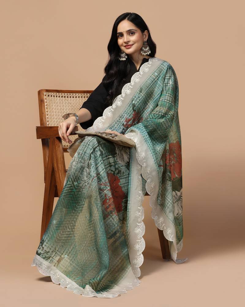 Digital Floral Motif Print Orgenza Silk Embroadery Sequnce Work Traditional Dupatta Wear on Kurti For Women and Girls