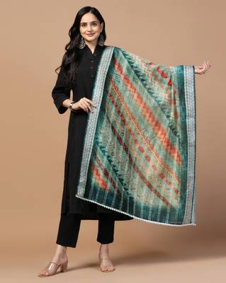 Digital Ethnic Motif Print Chanderi Cotton Crochet Work Regular Dupatta Wear on Kurti For Women and Girls 1