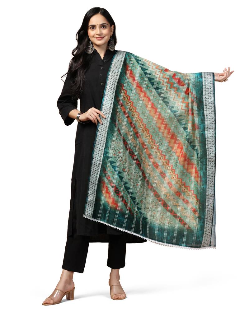 Digital Ethnic Motif Print Chanderi Cotton Crochet Work Regular Dupatta Wear on Kurti For Women and Girls