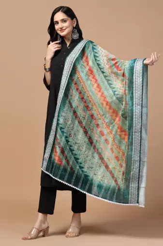 Digital Ethnic Motif Print Chanderi Cotton Crochet Work Regular Dupatta Wear on Kurti For Women and Girls